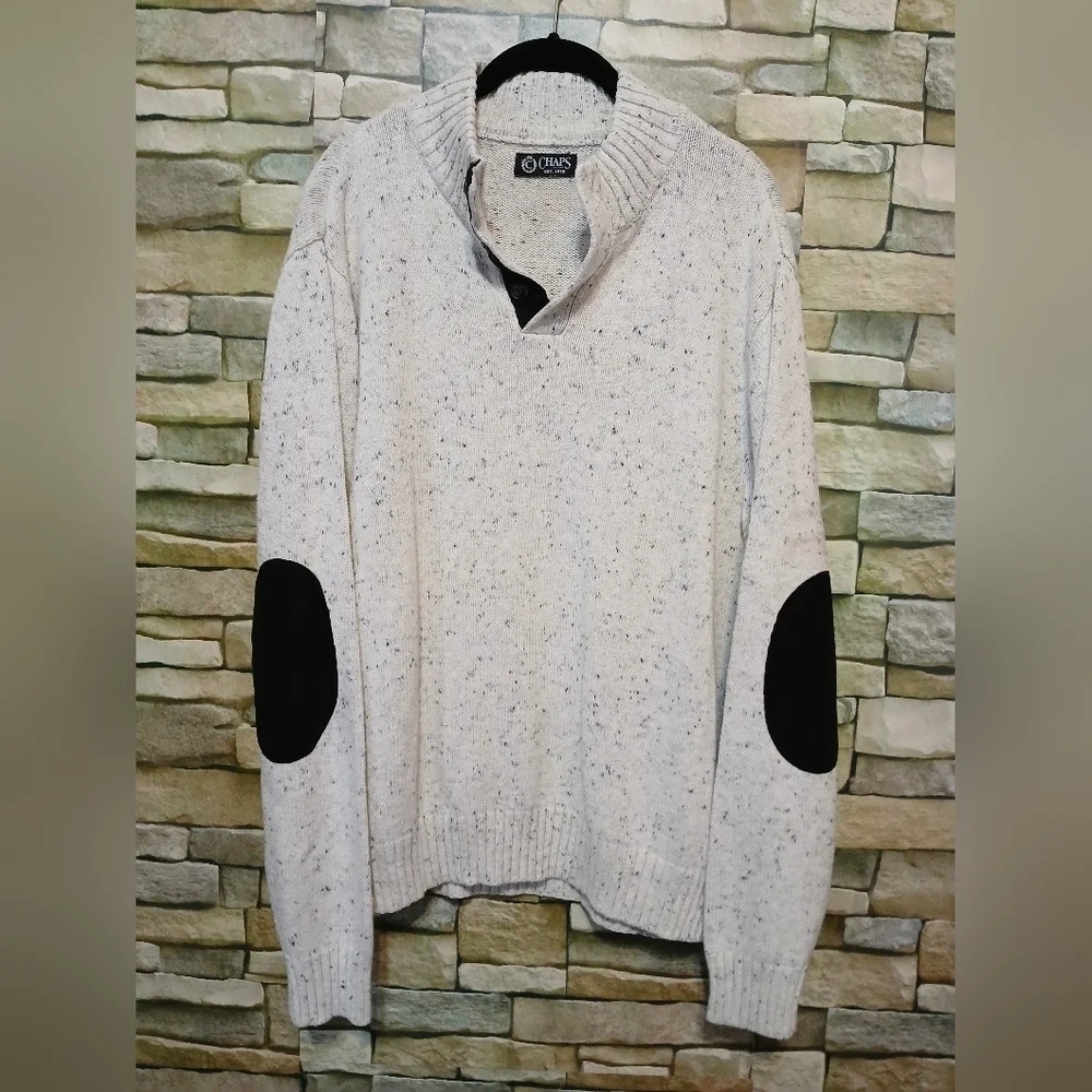 Mens Large Chaps Tweed Mock Neck Popover Sweater Elbow Patch Oatmeal Speck - Picture 2 of 5